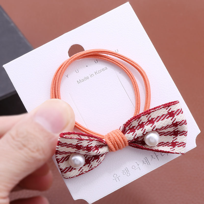 Korean-style pearl fabric checkered bow hair band leather band fresh leather band macaron fresh hair band head accessory pic 8