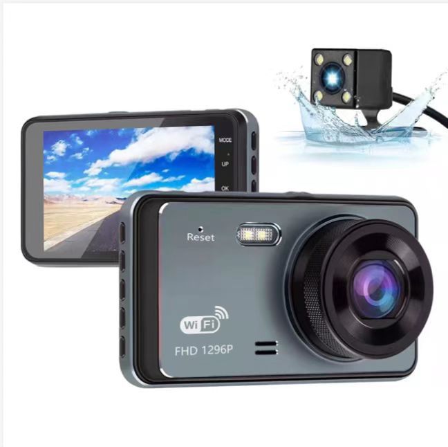 The new cross-border 4-inch high-definition night vision dashcam features dual lenses for both front and rear recording, and is connected to a mobile phone via Wi-Fi at 1296P pic 3