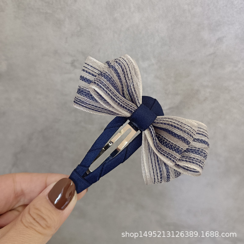 Korean-style sweet girl adult hairpin, navy blue striped silk gauze bow, BB clip, water drop clip, bangs clip pic 5
