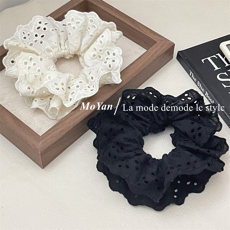 French retro atmosphere lace large intestine hair tie, popular embroidery with hollowed-out patterns and ruffled edges, hair accessory and hair band pic 7