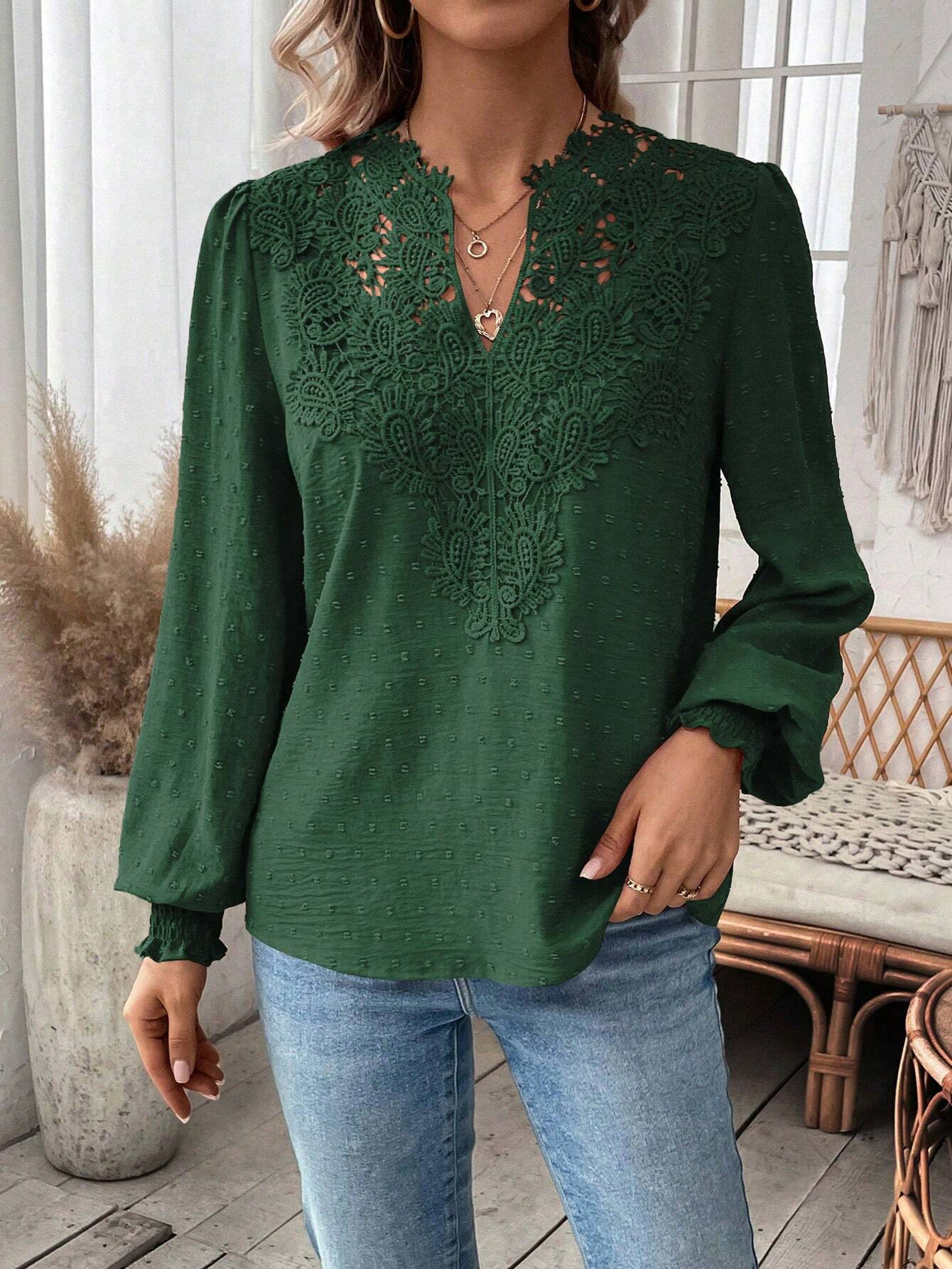 The new autumn and winter fashion V-neck lace solid color long-sleeved casual T-shirt for women on Amazon Cross-border in Europe and America in 2024 pic 32
