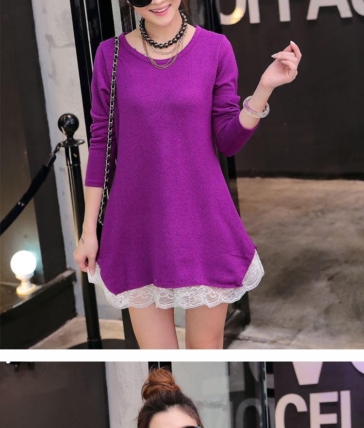 Autumn large-sized solid color T-shirt for pregnant women with lace trim, mid-length loose base layer pic 27
