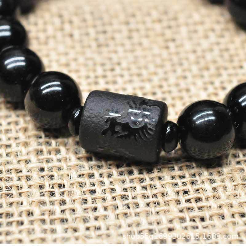 Wholesale imitation crystal obsidian single-loop bracelets, frosted dragon and phoenix bucket beads, couple bracelets for men and women, and Buddhist prayer beads pic 4
