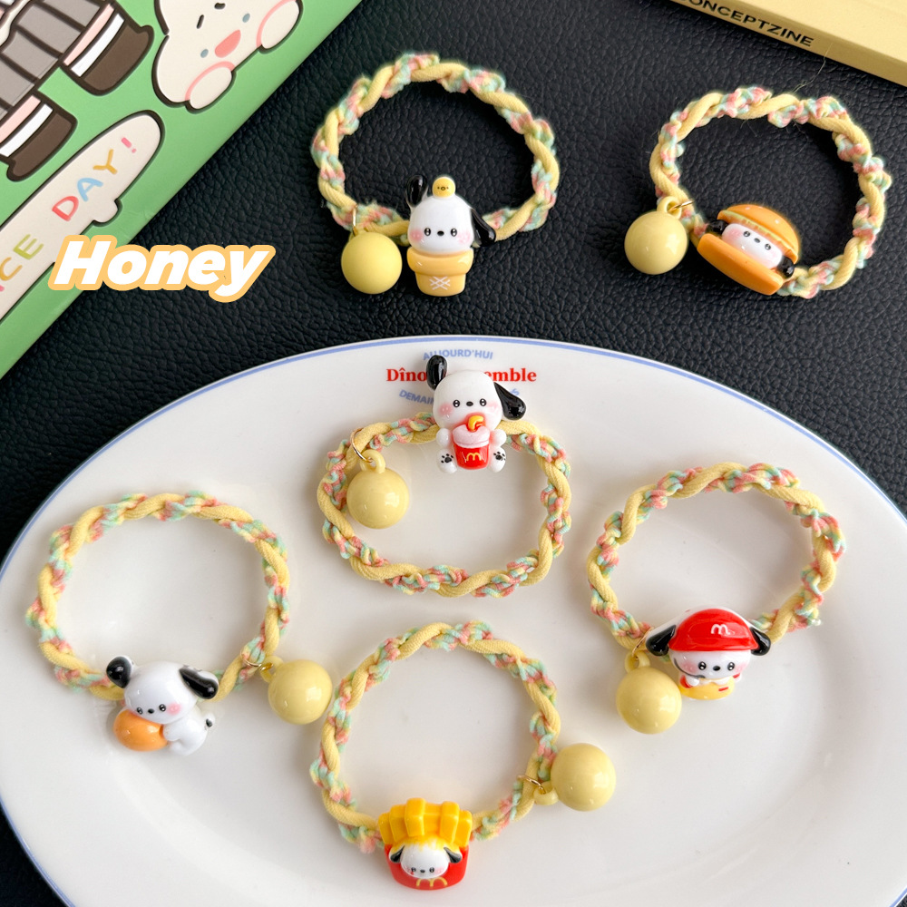 A cute cartoon cream-colored puppy hair tie and a sweet girl with a ponytail at the back of her head pic 7