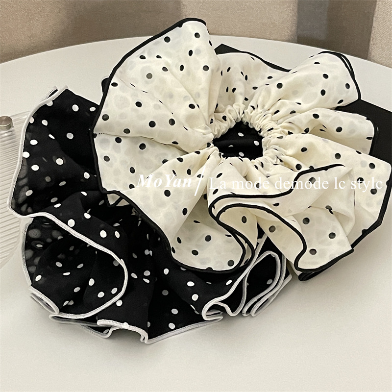Double-layer white large polka dot large intestine hair band, elegant retro edge hair tie, French simple and elegant hair flower hair tie pic 14