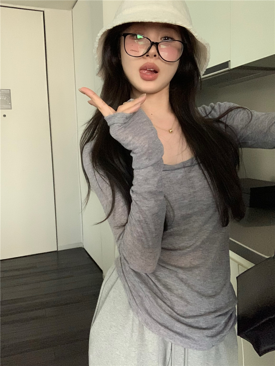 基础款纯色简约百搭舒适慵懒风薄款上衣U领打底衫内搭长袖t恤女详情3