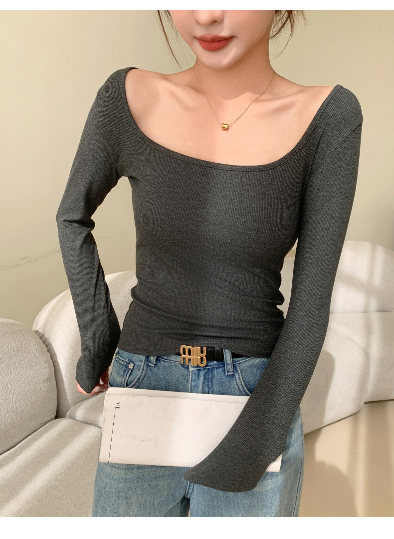 H869 Threaded large U-neck long-sleeved top for women, Spring style slim T-shirt, light, warm, simple and casual base layer new style pic 25
