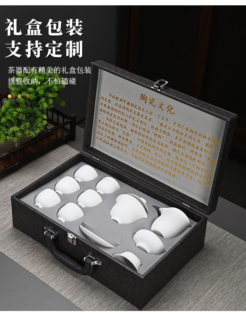 High-end kung Fu tea set, household light luxury sheep fat jade gilded covered bowl teapot tea set, complete set wholesale pic 6
