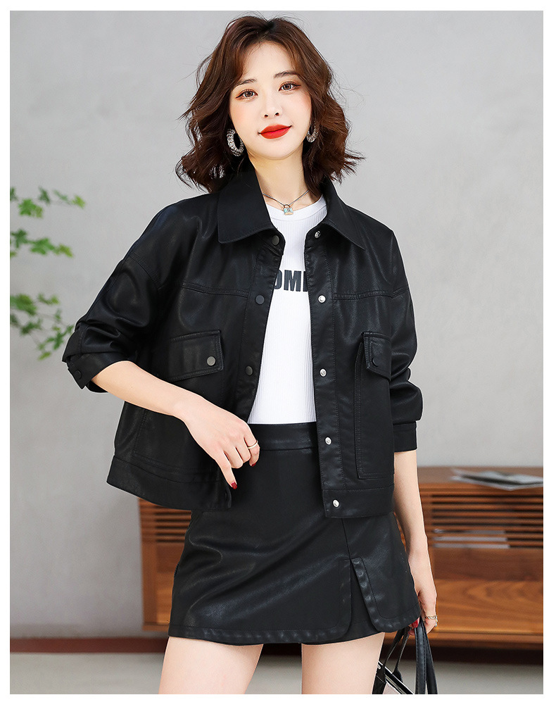 2022春秋装新款女式PU皮衣时尚翻领单排扣小个子帅气机车服短外套详情13