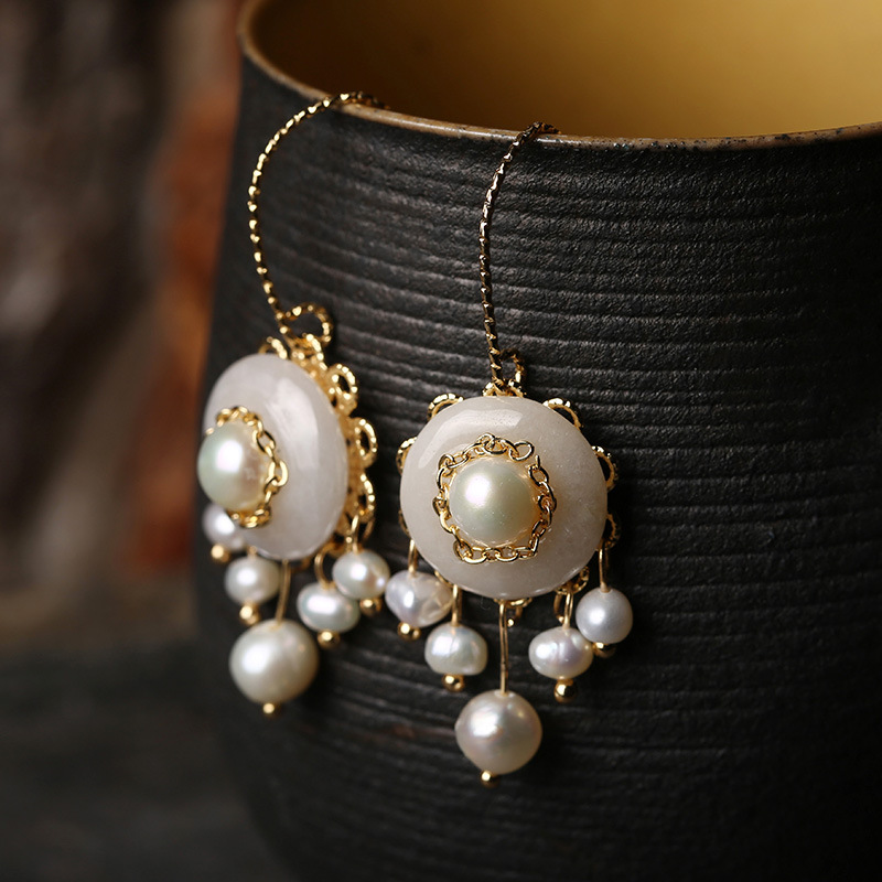 Jade Peace Pendant earrings, 14k gold inlaid, handcrafted natural pearl long tassel earrings, elegant and versatile earrings for women pic 6