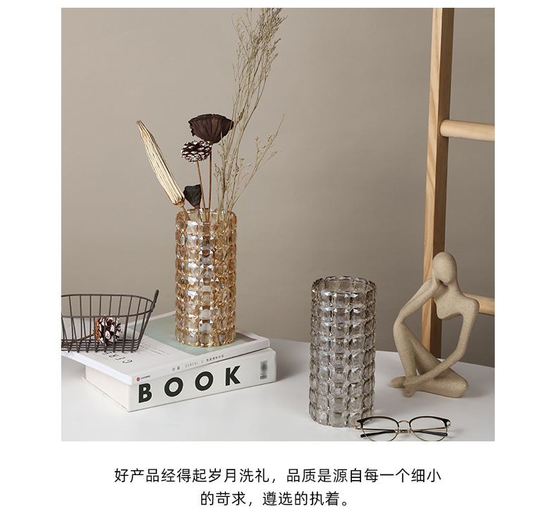 Pastoral simple crystal glass vase, living room dining table flower vase, transparent checkered fresh flower round straight tube vase pic 11