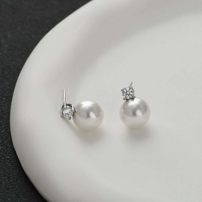 高级感简约浅灰色玻璃珍珠微镶锆石S925银针百搭耳钉气质耳饰耳环详情10