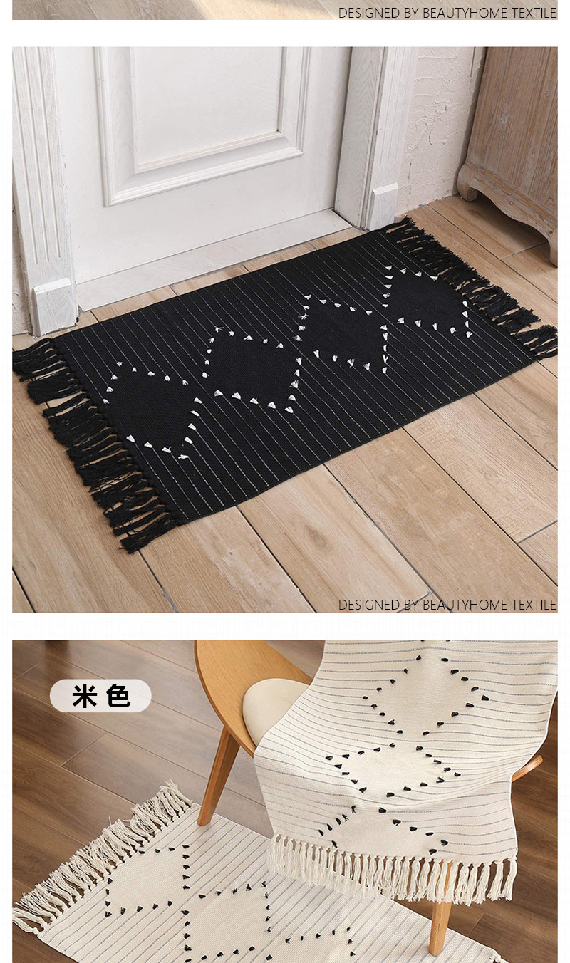 Cotton thread woven cut flower carpet, ethnic-style floor mat for home living room, simple bedroom bed and front of bed tassel foot mat pic 7