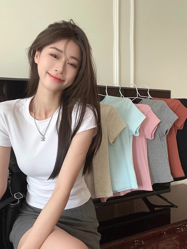 白色短袖打底衫内搭t恤女2024夏季新款显瘦修身辣妹短款正肩上衣详情3