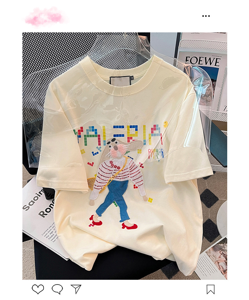 实拍32支双纱纯棉螺纹领短袖t恤女夏2023刺绣花圆领上衣大码女装详情2