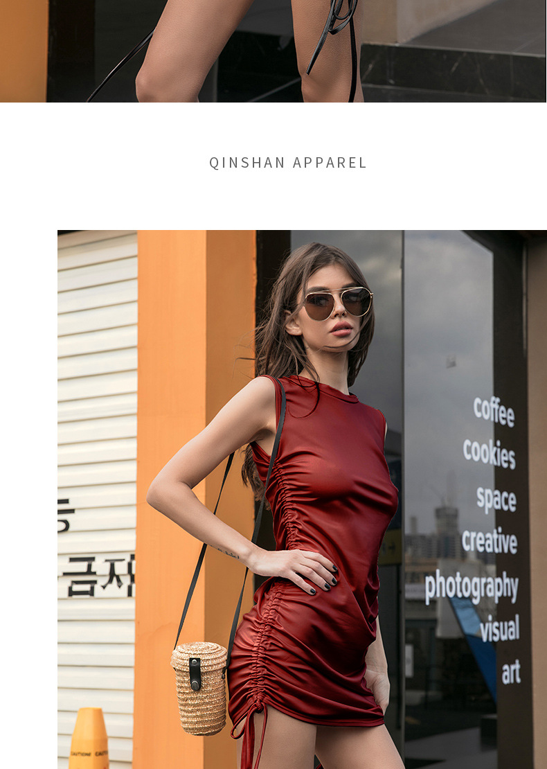 外贸欧美女装爆款紧身皮裙包臀性感辣妹抽绳欧美裙子连衣裙皮女秋详情11