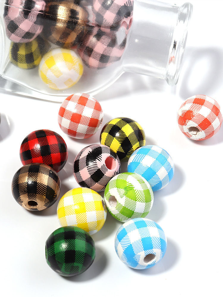 千鸟格木珠DIY挂饰装饰串珠彩色格子木珠配件条纹印花带孔木珠详情8