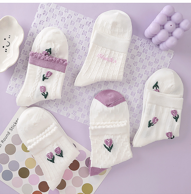 郁金香袜子女秋冬季中筒袜百搭甜美ins潮学院风女袜可爱长袜批发详情3