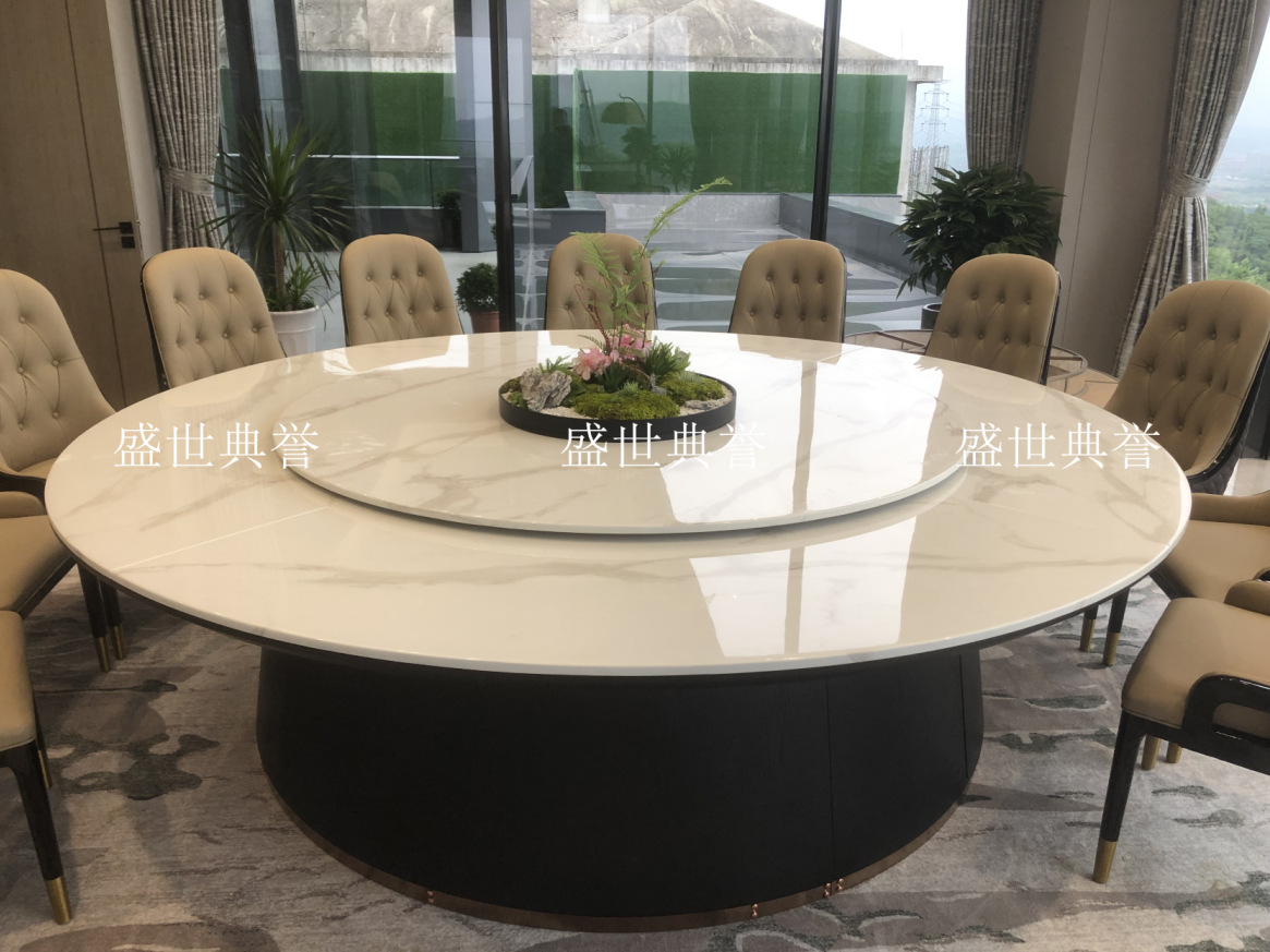 Solid wood furniture for five-star hotels in Hangzhou, seafood style, marble electric dining table, high-end club, light luxury large round table pic 6