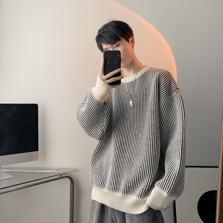 圆领条纹毛衣男款秋冬新款时尚套头针织衫日系复古宽松百搭上衣服详情27