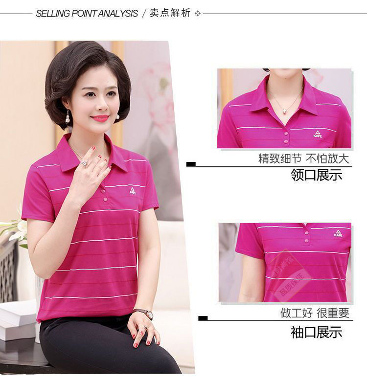 夏装新款中年女士短袖T恤衫妈妈装翻领棉T恤衫中老年休闲团队服装详情4