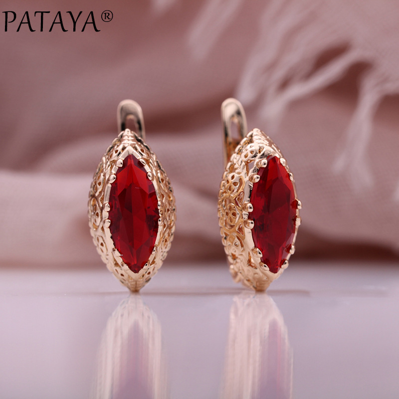 PATAYA585 Rose gold True gold color electroplated Amazon red horse eye Zircon fashion Ring and Earring set pic 4