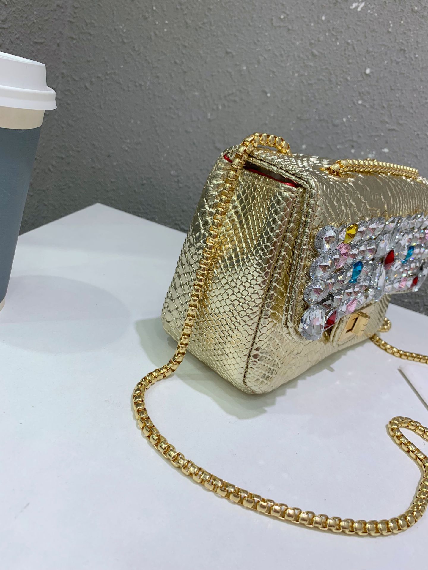 Chanel snake-patterned diamond bag, single-shoulder crossbody bag, crystal gemstone hot mom bag, flower sequined chain bag, water diamond bag pic 14