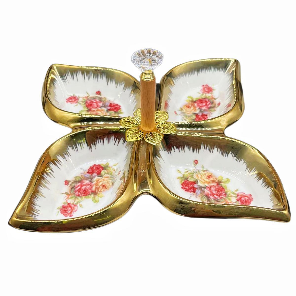 A pure white petal-shaped fruit platter with electroplated gold and multiple compartments, a hand-held restaurant banquet food platter pic 29