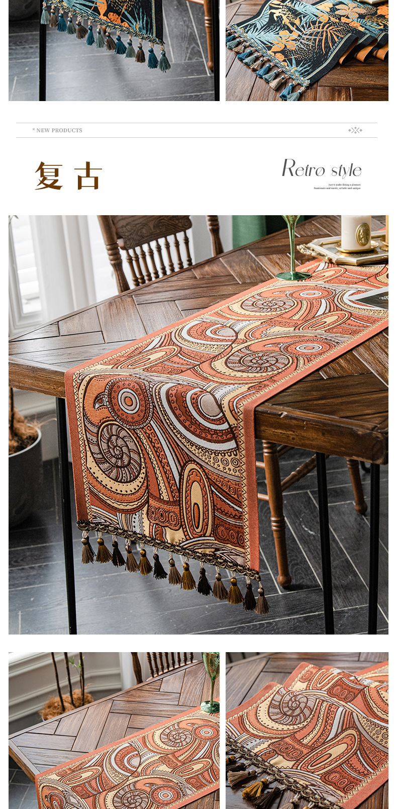 Cool Happiness American retro style, fashionable, simple, elegant and high-end, long tablecloth, colored jacquard, high-end, tassel, home coffee table, tea flag, high-end chest of drawers, table flag pic 17
