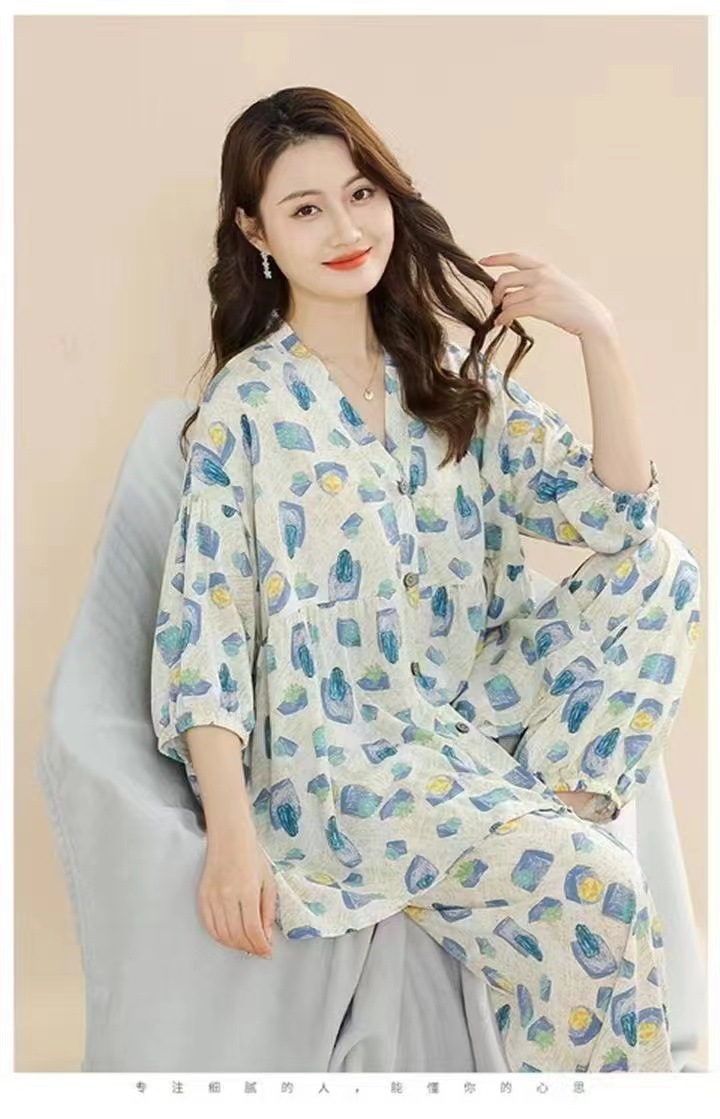 春夏新款棉绸睡衣套装女士七分袖大码宽松空调服家居服两件套详情18