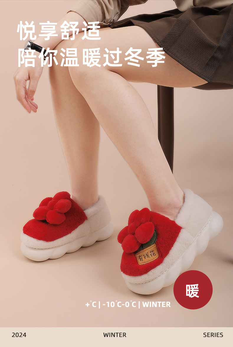 2024新款包跟棉拖鞋女秋冬大红喜庆防滑保暖家居厚底毛毛绒月子鞋详情1