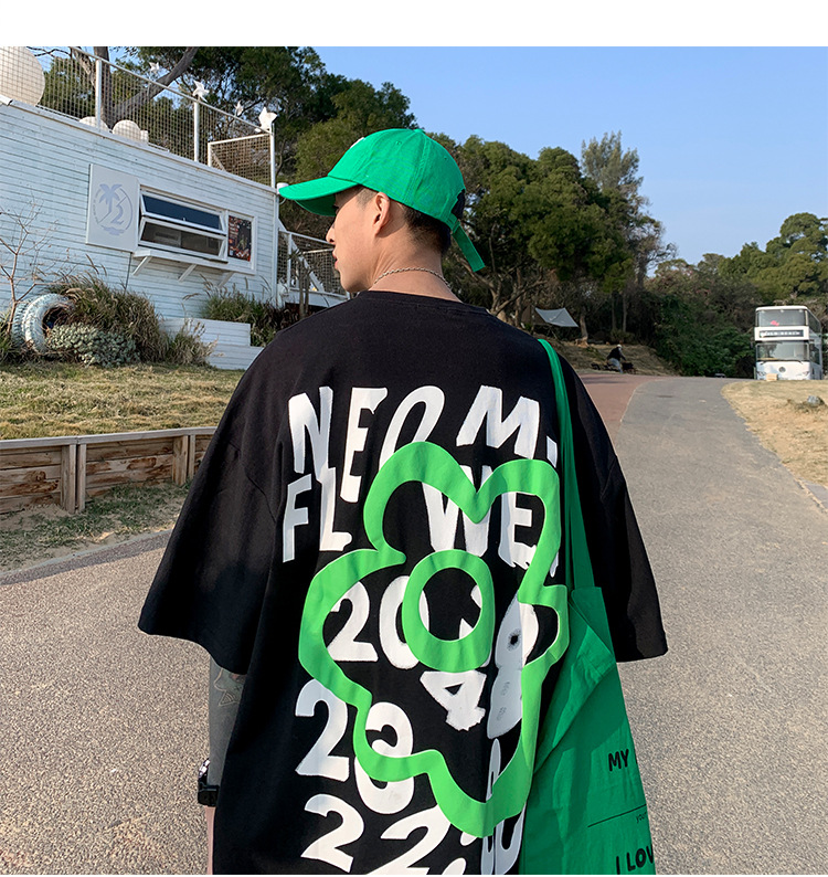 潮牌男装直播货源 190g克新疆棉宽松韩版T恤发泡印花朵袖短男t详情9
