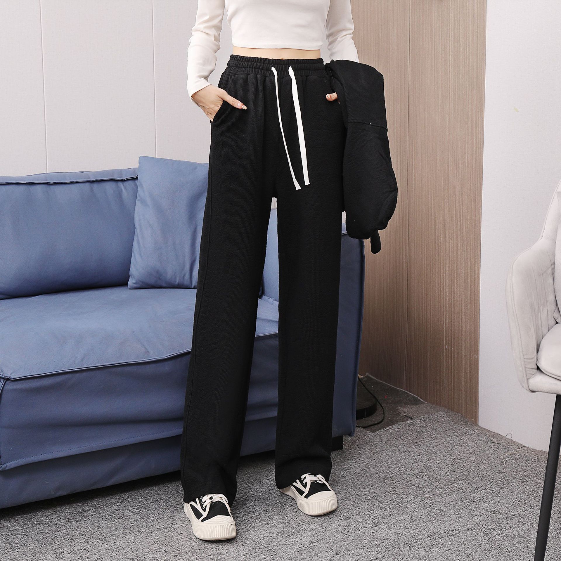 Early spring pure cotton fashionable casual set for women, loose, sporty and slimming straight-leg high-waisted wide-leg pants, zipper hooded jacket pic 42