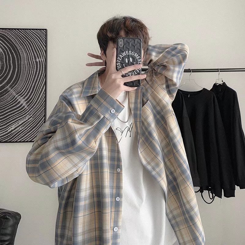 美式春秋季日系长袖格子衬衫男士韩版潮流ins网红休闲款衬衣外套详情9
