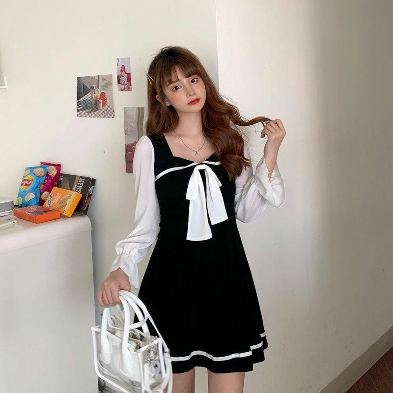 秋装新款性感方领泡泡袖连衣裙女大码胖mm条纹蝴蝶结显瘦长袖裙子详情2
