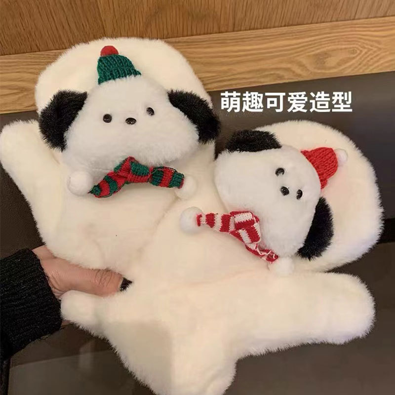 圣诞狗毛绒手套ins原宿风小众女高颜值保暖防寒加厚挂脖手套详情3
