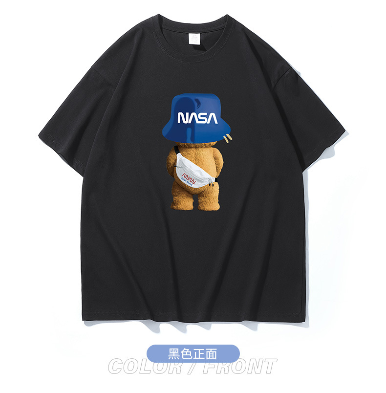 NASA collaboration short-sleeved T-shirt for men, a heavyweight off-the-shoulder pure cotton bestseller with bear print, half-sleeved couple T-shirt for women pic 49