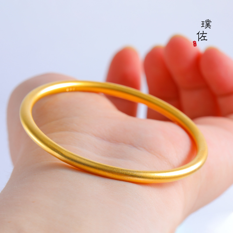 久不掉色里外一色越南保色沙金手镯仿古法黄金手镯光面实心素圈女详情7