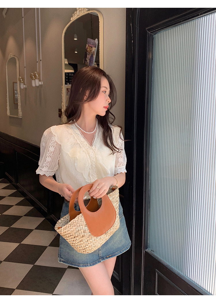 现货2024夏季新款韩版百搭短袖蕾丝衫女上衣夏详情4