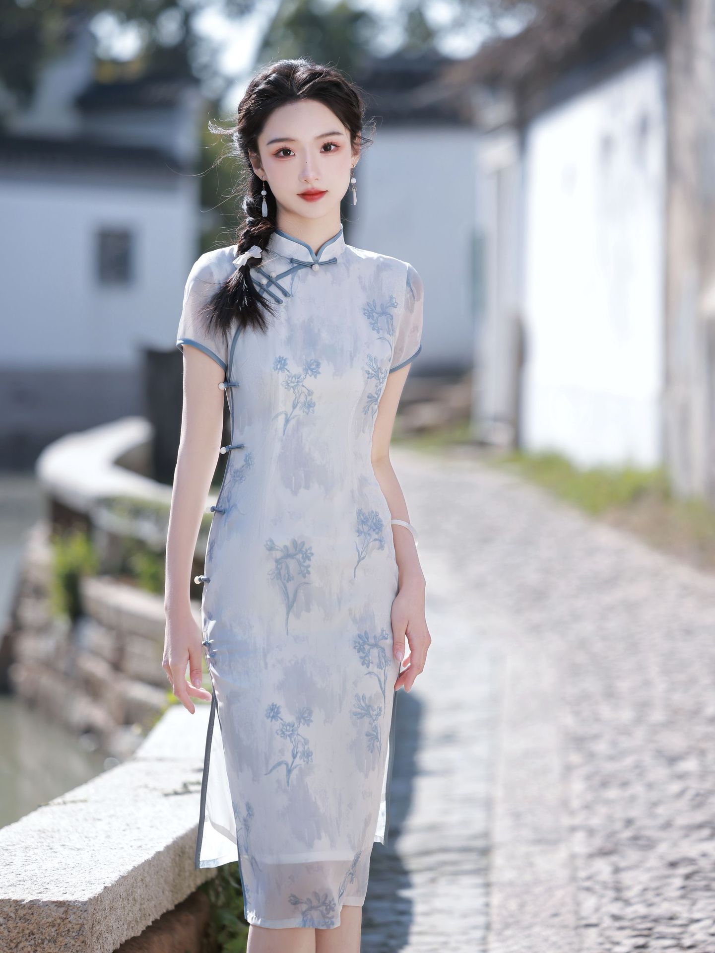 New Chinese-style traditional Chinese dress chiffon girl blue elegant cheongsam 2023 Spring/Summer New style improved cheongsam pic 8
