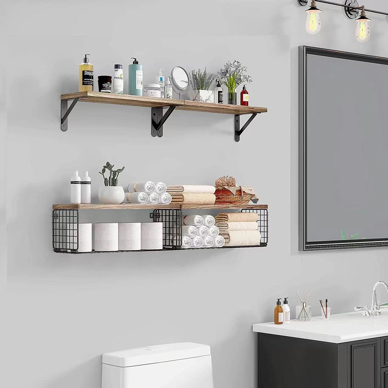 Cross-border wooden wall-mounted suspended rack, bathroom wall, multi-layer floating partition storage basket, bedroom and living room storage rack pic 4