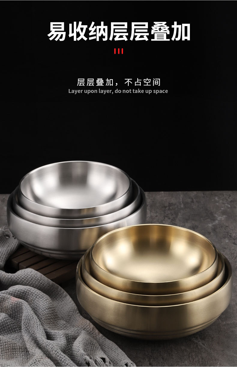 Wholesale Korean ramen stainless steel instant noodle bowl, large golden double-layer Korean cold noodle mixed rice bowl, noodle soup bowl pic 7
