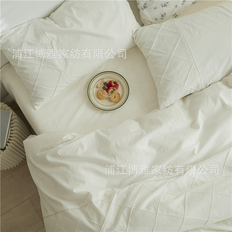Wholesale of high-quality three or four-piece sets of washed cotton 40-count hand-knitted rhombus-shaped checkered plain pure cotton bedding pic 28