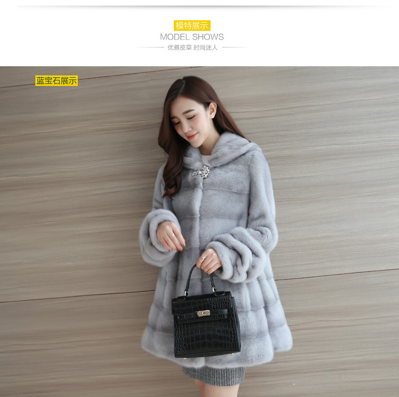 水貂皮草外套女2019冬新款 海宁中长款连帽整貂貂皮大衣详情7