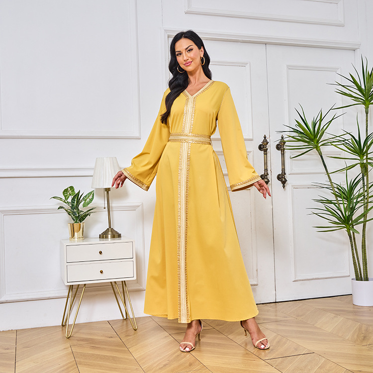 MT098中东外贸迪拜穆斯林长袍女装 刺绣金色珠片花边连衣裙 abaya详情29