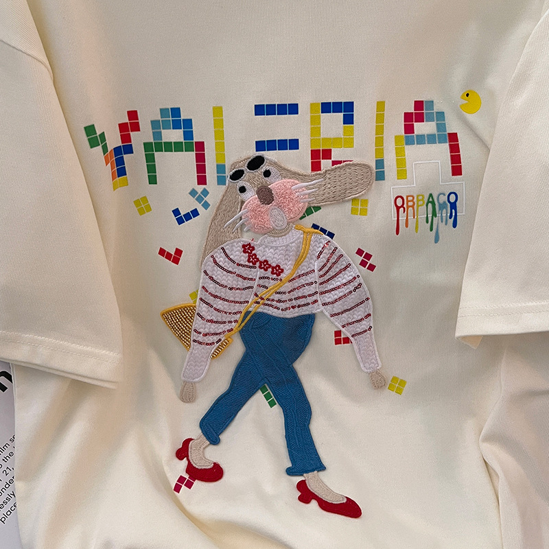 实拍32支双纱纯棉螺纹领短袖t恤女夏2023刺绣花圆领上衣大码女装详情12