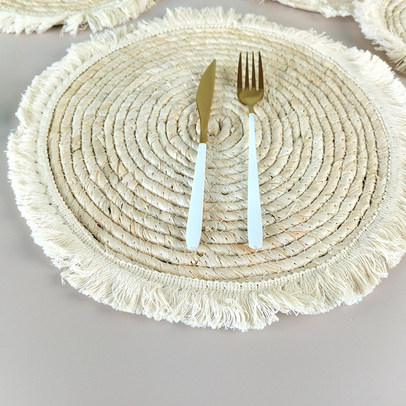创意家居草编餐垫玉米皮绳编织圆形餐桌垫流苏边装饰垫加厚隔热垫详情6