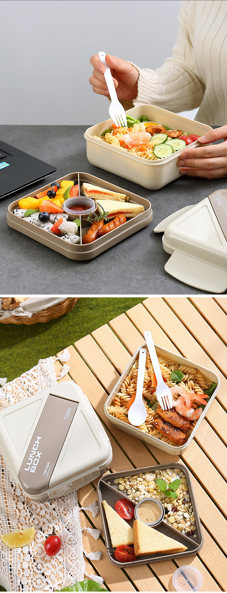 Double-layer compartments salad box, student lunch box, office worker microwave oven lunch box, portable light food picnic box pic 14