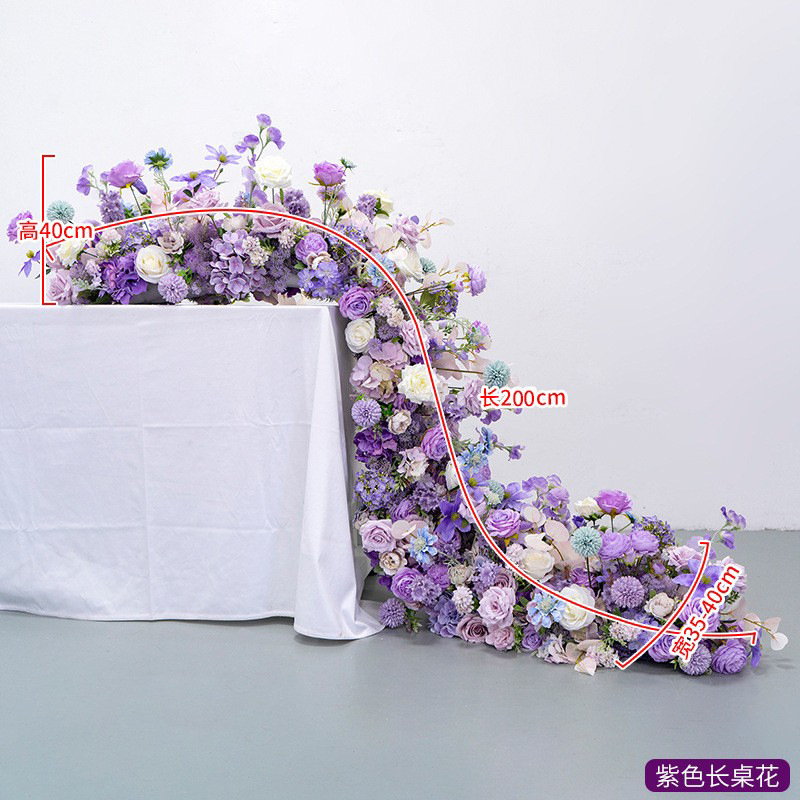 跨境粉色紫色长条桌花花艺 酒店婚礼宴会节日橱窗装饰假花仿真花详情7