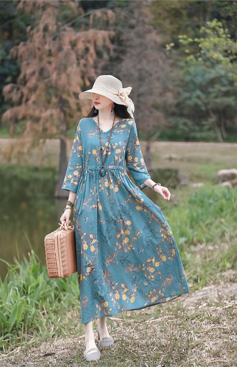 2024夏季新款中年妈妈复古文艺印花棉麻收腰连衣裙宽松大摆长裙女详情17